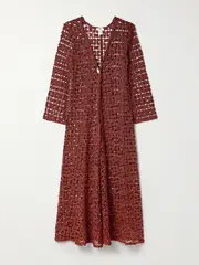 [Sara Cristina] Sara Cristina - Nerea Embellished Crocheted Cotton Maxi Dress - Red - medium medium Red