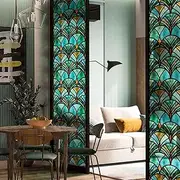 ChicSkin Stained Glass Window Film Self Adhesive 43x300cm, Decorative Window Film Privacy Vintage Art Decor, Hand Drawn Glass Decoration Pine Shell