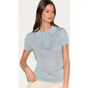 Light Blue Sheer Knit Polo Top, Light Blue