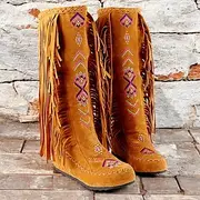 Women's Fringe Embroidered Faux Suede Knee-High Boots, Bohemian Style for Festivals and Casual Wear