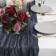 WELTRXE Cheesecloth Table Runner, Denim Blue Long 35 x 160 Inches Boho Gauze Fabric Table Runner for Wedding, Birthday, Bridal/Baby Shower, Boho Party Decorations Gauze Rustic Wedding Table Decor