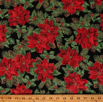 Cotton Pine Cones Poinsettias Holly Ivy Black Fabric Print by Yard D501.83