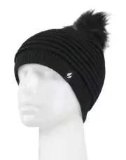 Women's Canned Ribbed Hat-Heat Holder with Pom Pom-Black-One Size-