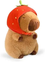 13 Inch Cute Capybara Plush Wear Strawberry Hat Soft Capibara Stuffed Animals Plushies Toys Hugging Gifts for Kids, Brown