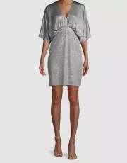$175 Aidan BY Aidan Mattox Women Silver Metallic Kimono Sleeve Minidress Size 8