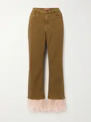 [La DoubleJ] La DoubleJ - Fancy Feather-trimmed Cropped High-rise Slim-leg Jeans - Green - 29 29 Green