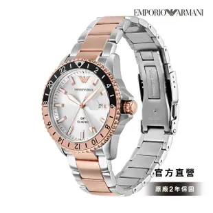 【EMPORIO ARMANI 官方直營】Diver 仕紳風格GMT手錶 銀色x玫瑰金不鏽鋼錶帶 42MM AR11591
