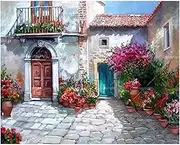European Street Scene Paint by Numbers Kit for Adults - DIY Courtyard with Flowers Painting on Canvas 16x20 Inches, Acrylic Paint Set, Suitable for Beginners,Wall Art for Decoration or Gifts