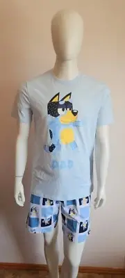 Bluey Mens Blue Bandit Dad Printed 2 Piece Short Sleeve Pyjama Set Size S New