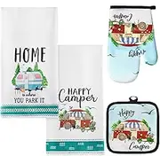 4 Pcs Camping Dish Towels Pot Holders Oven Mitts Set Making Memories One Campsite at a Time RV Kitchen Towels Soft Absorbent Pot Holder Camper Oven Mitt Dish Cloths Hand Towels
