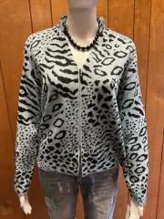 NWT Vintage Nordstrom San Remo by Laura Knits Blue Animal Print Zip Up Sweater M