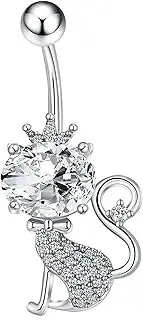 [Generic] Cute Cat Belly Button Ring Long Bar Kawaii Animal Design Navel Piercing Jewelry with Sparkling CZ Gold Silver Floating Body Rings for Women Pregnancy Can Use 16MM 14G