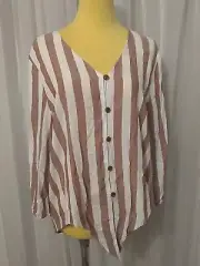 Pink Rose Button Down Blouse Size XL Brown Stripped Woman's Top 3/4 Sleeves