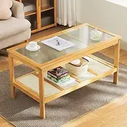 [Homodoskey] Bamboo Modern Coffee Table for Living Room, 2 Tier Rectangle Coffee Table Glass Tabletop Center Table Rattan Storage Shelf Wooden Tea Table Sofa Table End Table (40" L) (Type B)
