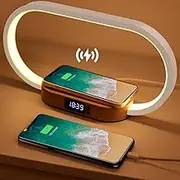 Bedside Lamps with Wireless Charger, Bedside Table Lamp with USB Port, Bedroom Lamp with Clock, Desk Lamp for Nightstand, Touch Lamps for Bedroom, Dimmable & 3 Color Modes Wooden Decor, White