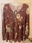 HONEY ME TOP BABY DOLL LONG SLEEVE BOHO MAUVE FLOWER PRINT V NECK SZ S NWT