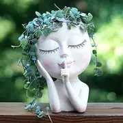 SnugMaker Face Planter Pots Head Planter, Succulent Face Flower Planter for Indoor Outdoor Plants with Drainage Hole Closed Eyes(Large Size Light)