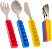 Set of 3 Interlocking Block Kids Silverware - Toddler Fork and Spoon Set with Toddler Knife for Kids - Non-BPA