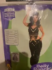 New Sexy Black Belly Dancer Harem Girl Costume Adult Sz L 14-16 Top Pants Skirt