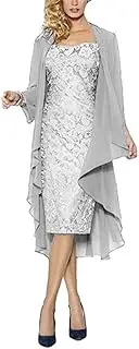 [Botong] Womens Lace Mother of The Bride Dress Tea Length with Chiffon Jacket Two Piece Formal Dresses