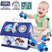 Uandhome Toys for 3 Year Old Gifts Montessori Toddler Toys 8 in 1 Multi-Functional Learning House Toys with Sound/Lights/Music/Clock/Car/Telephone Music Early Educational Baby Toys with 4 Cars(Blue)