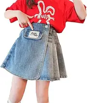 [YaYabroe] 4-13 Years Jeans Skirts for Teen Girls High Waist A Line Blue Elastic Pleated Denim Skirt