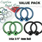 6pcs 14G 3/8" Value Pack Anodized Captive Bead Ring Ear Cartilage Septum Labret