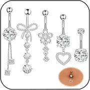 [Uwiyo] Pack of 5 14G Belly Button Piercings, Stainless Steel Piercing Navel Women's Silver Belly Button Rings Heart Bow Flower Pendant Piercing Belly Button Jewellery for Women, 14G, Stainless Steel,