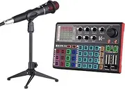 zolyet K300 Live Sound Card External Voice Changer o Mixer Kit Built-in Battery Multiple Sound Effects with Microphone Mic Stand Earphone for Live Streaming Music phone Computer Game Sound Card Kit