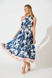 Women's Party Bernadette One Shoulder Midi Dress Sleeveless in Navy Floral Satin 8