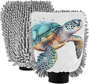 XYMZR Watercolor Sea Turtle White Absorbent Microfiber Car Wash Mitt, Funny Cute Anime Scratch Free for Cars Cleaning, Home Cleaning Mitts, 2 Pack, 10.24” L x 7.09” W