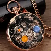 Uncommon Musical Movement Quartz Pocket Watch Space Case Fob Watches with Chain