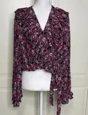 Endless Rose Chiffon Floral Printed Ruffled Crop Top Wrap Sz L Fuchsia NWT