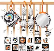 TUMAMA Baby Toys Gift Set Black and White Tummy Time Mirror Plush Rattles Rings and Crinkle Soft Cloth Book Flashcard, Car Seat Stroller Hanging Toy for 0 3 6 9 12 Months Newborn Infant Toddler