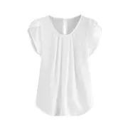 Catzon Womens Casual Round Neck Basic Pleated Top Short Sleeve Curved Keyhole Back Blouse-White