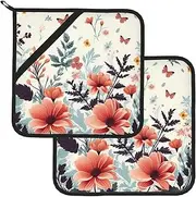 2 Pack Pot Holders for Kitchen Heat Resistant Potholders Lovely Floral Background Pot Holders Set Washable Hot Pads with Loop Non Slip Potholders for Cooking Baking BBQ Microwave 8 x 8 Inch