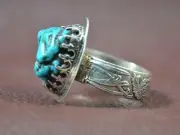 Very Rare Darker Blue Turquoise Nugget Shape Ring with Vintage Silver Spoon