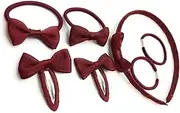 7 PIECE SCHOOL COLOURS Hair Bow Snap Clips SET ALICE BAND PONIOS PonyTail Holder Headband - Burgundy Wine Red