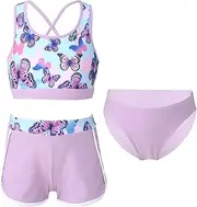 [Riismen] Kids Girls 3 Pieces Rash Guard Swimsuit Floral Print Crop Top with Shorts Briefs Tankini Set Swimwear