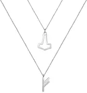 [Bigbabybig] 2 Pieces Thor's Hammer Mjolnir +The Elder Futhark Runes Mjolnir Pendant for Women Viking Necklace Chain 18K Gold Plated Nordic Pagan Faith Girls Dainty Gifts
