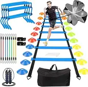 Speed Agility Training Equipment Set - Includes Agility Ladder, Running Parachute, 8 Resistance Bands,20 Cones, 4 Hurdles, Jump Rope for Training Football, Soccer, Basketball Athletes