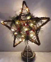 New, 8” Natural Rattan Star Christmas Tree Topper w/LED Lights