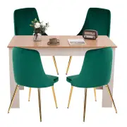 Natural Rectangular Dining Table with 4x Green Velvet Chairs