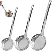 3Pcs Fine Mesh Stainless Steel Colander, Skimmer Spoon Fine Mesh Strainer with Long Handle, Sieve Fine Mesh Colander, Flat Cooking Skimmer Ladle Colander for Oil Filter Skimming Grease Foam (3PCS)