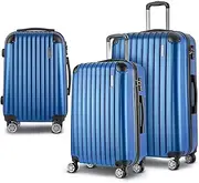 [Wanderlite] Luggage Set 3pcs Blue Trolley Suitcase Hand Luggages Hard Case Shell, Storage Organiser Travel Strap Bag Carry on Adult Kids, Lightweight Roller 4 Universal Wheels