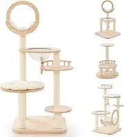 Costway Building Block Cat Tree, 4-in-1 Large Wooden Cat Tower with Space Capsule Nest, Sisal Scratching Posts, Padded Platform, Hanging Toy, Multi-Level Kitty Activity Center for Indoor Cats