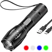 HYVCZP 4 in 1 Red Green Blue White LED Torch Rechargeable, Super Bright Adjustable Focus Flashlight,4 Lighting Modes Waterproof Pocket Torch for Power Cuts,Emergency,Fishing,Camping, Hiking