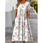 Women's Midi Dress T Shirt Dress Tee Dress Shift Dress Summer Dress Formal Vacation Daily Regular Fit Floral Short Sleeve Crew Neck White Light Green Pink Blue