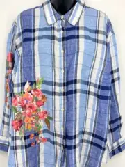 Ralph Lauren Women Plus Linen Button Down Top 1X Blue White Floral Collar New
