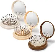 3 Pack Foldable Travel Hair Brush with Compact Mirror, Folding Pocket Hairbrush for Women Men Purse, Portable Mini Air Cushion Hair Comb for Detangling Massage Fine Thick Curly Hair (3 Colors)